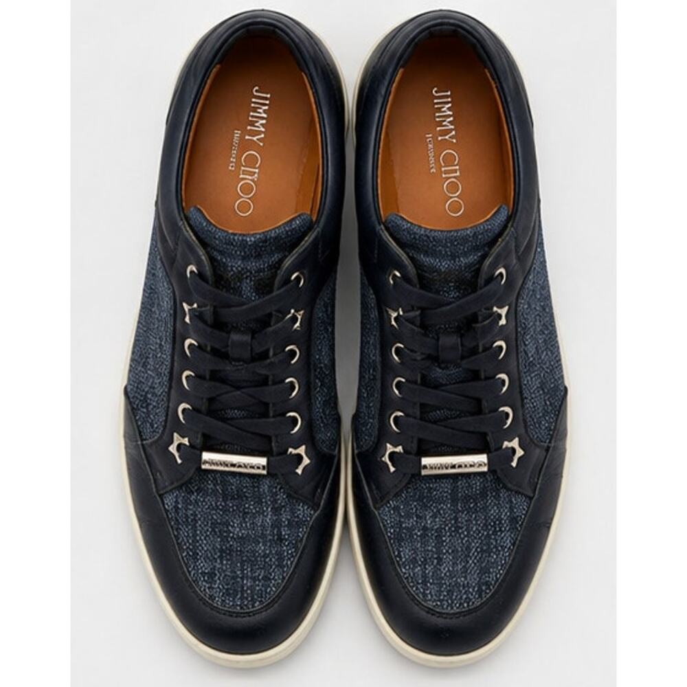 Jimmy Choo London Mens Navy Blue Leather Fabric Low Top Sneakers Lace Up 39 1/2